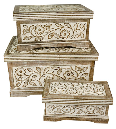 Mango Wood Set Of 3 Large Boxes, Burnt White Finish